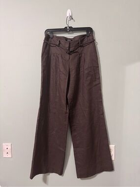 Tahari 100% Linen Women’s Wide Leg Pants W/ Belt Dark Brown Preppy Slacks